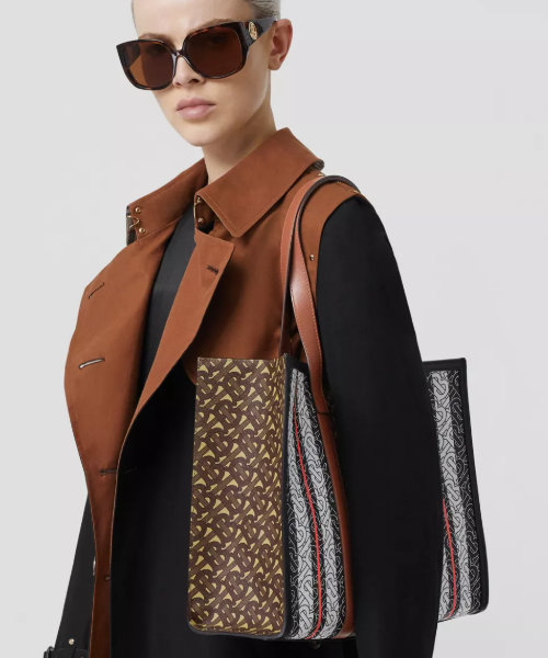 Burberry Small Monogram Stripe E-Canvas Tote Bag Brown