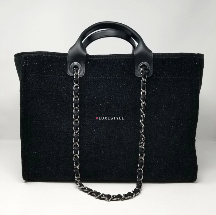 Chanel Deauville Fabric Tote Black With Grey, Black And White Stripes